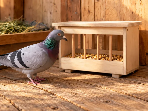 Taube vor einem Futtertrog aus Holz mit Stäben