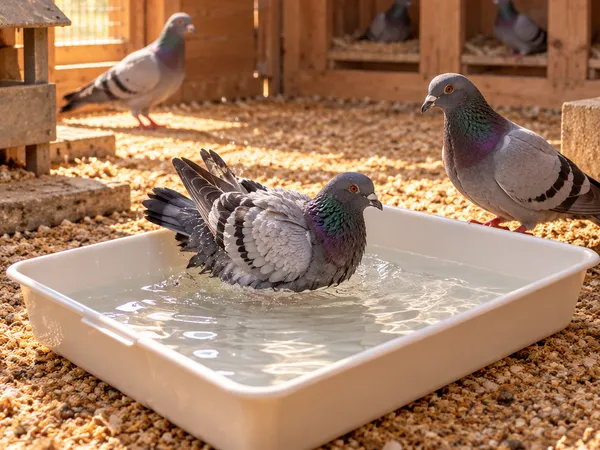 Taube badet in einer weißen Badewanne aus Kunststoff
