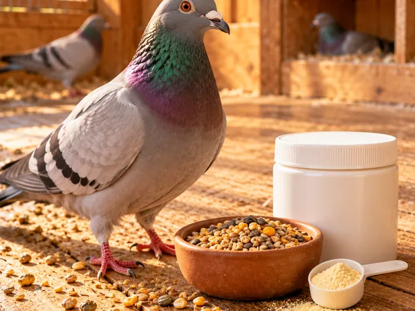 Taube neben einer Schale Körnerfutter und einer Dose mit Pulver