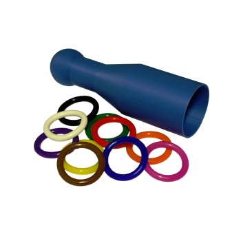 Preview: Dunkelblaue Aufziehhilfe für Geflügelringe Ø 18 mm mit zehn elastischen Ringen in zehn Farben