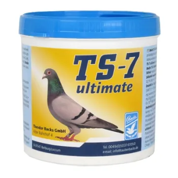 Dose Backs TS-7 ultimate mit blauem Deckel, auf dem Etikett eine Brieftaube