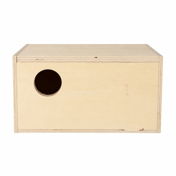 Exotennistkasten als Querkasten aus Holz, Ansicht von vorn mit Einflugloch 35 mm links
